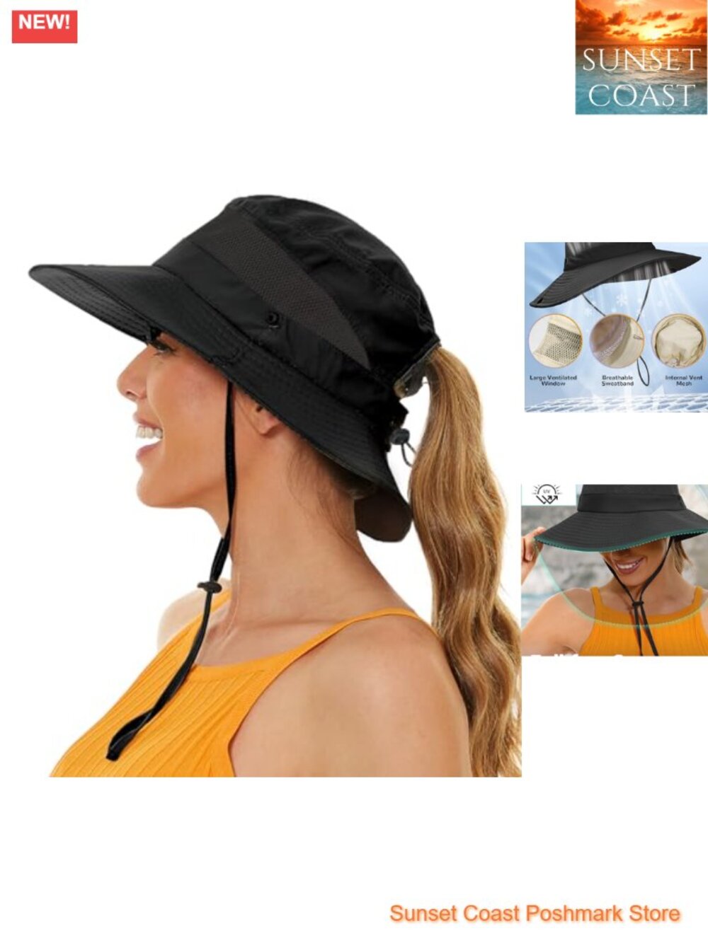 Waterproof UPF50+ Sun Hat Ponytail Hole Wide Brim Beach Fishing
